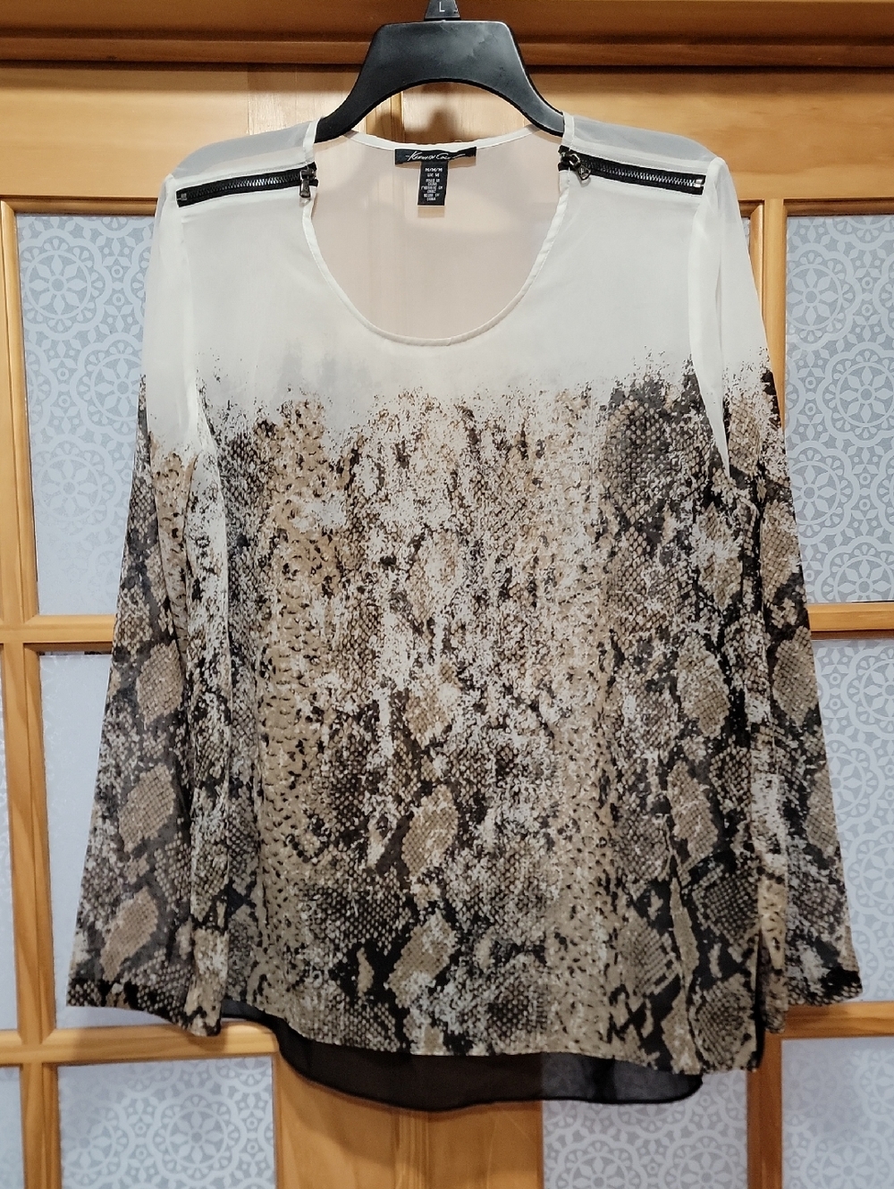 Kenneth Cole Beige and Black Snake-Print  Blouse with Zip Accents